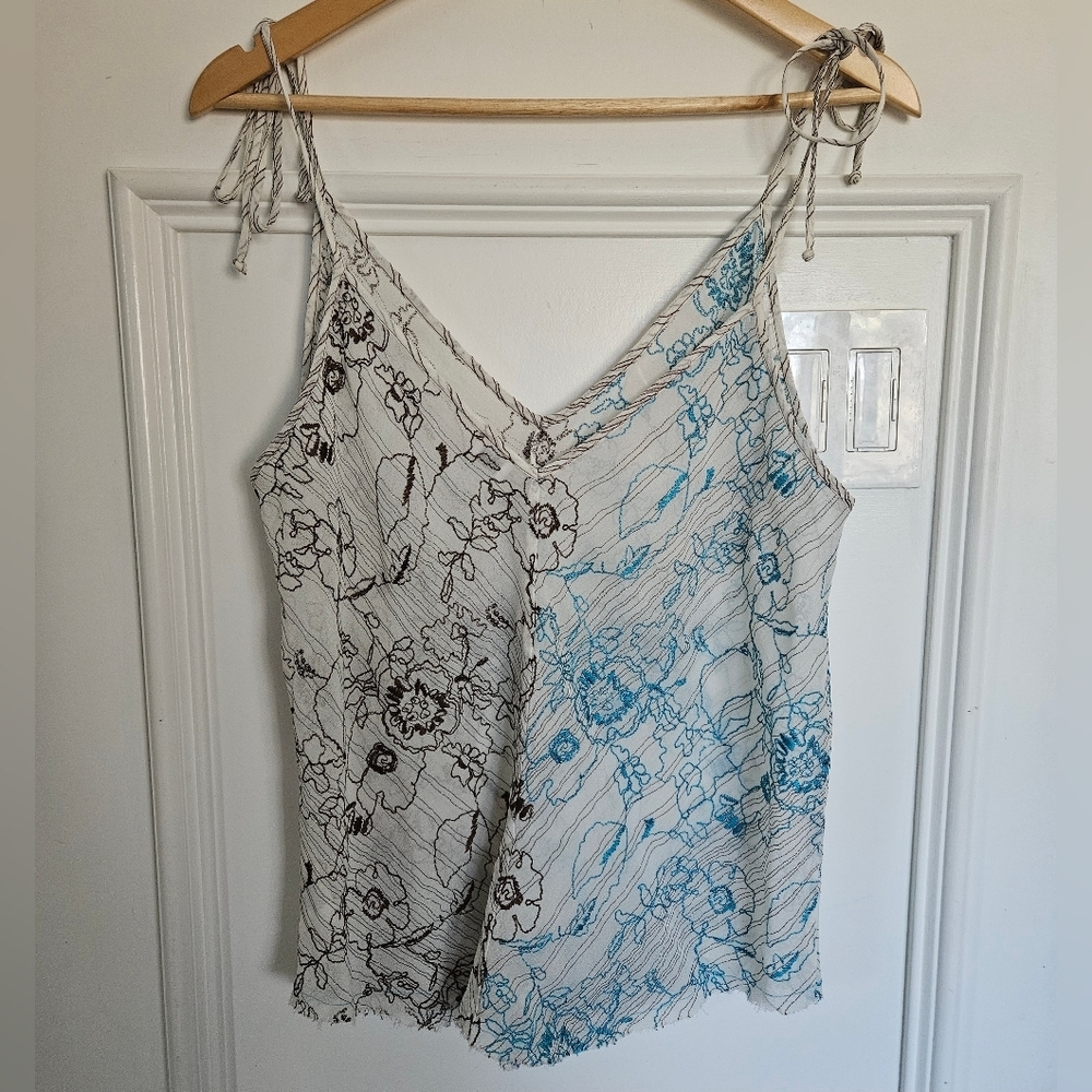 Wilfred Ellis Camisole Blue Brown Two Tone Embroidered Tie Straps Tank Large - Picture 5 of 8